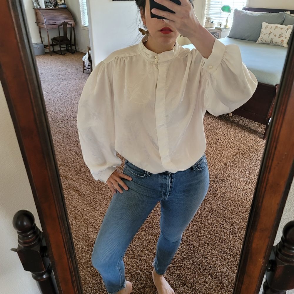 Hot Stuff 2x plus size vintage 80's Asian cream silky floral Blouse high neck fe